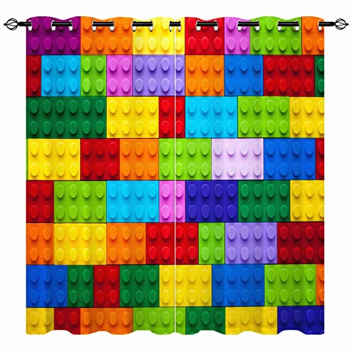 YUANZU Bunte Würfel Blöcke Vorhänge Kinder Baby Ösen Gardinen mit Blickdichte Thermo Vorhang Kälteschutz Blackout Curtain Kinderzimmer Schlafzimmer Verdunkelung Fenster, 2 Stück, H 160 x B 132 cm