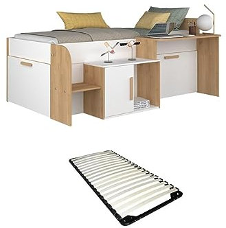Vente-unique-Kombibett 90 x 200 cm mit Schreibtisch und Stauraum - Weiß und Naturfarben + Lattenrost - Pedro
