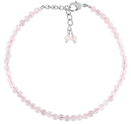 GEMKORA Natural Real Pink Rose Quartz Crystals Bracelet, 3mm Best Grade Micro Cut Beads, Chakra Energy Healing Gemstone, Beautiful Simple Jewellery, Silver Plated Jewellery 7+1 inch