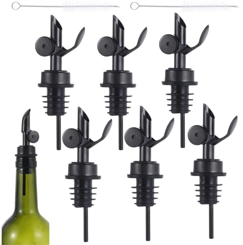 beyonday 6pcs Self Closing Liquor Bottle Pourers - Black, Auto Flip Wine Bottle Stoppers with Rubber Dust Cap & Cleaning Brush, Weighted Olive Oil Vinegar Dispenser Spout, Fit about 3/4'' Bottle Mouth