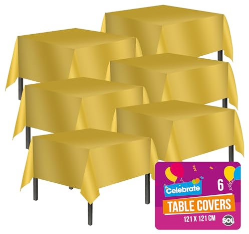 SOL 6pk Gold Table Cover 121x121cm Party Table Cloth Plastic Disposable Tablecloths for Parties - Elegant Durable Design - Perfect for Weddings, Birthdays, Buffets, Indoor & Outdoor Events