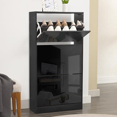 High Gloss 3 Drawer Shoe Storage Cabinet Pull Down Shoe Cabinet 3 Tier Shoe Rack Wooden Furniture Cupboard Shoes Storage Organiser for Hallway Entryway, Living Rooms, Black 60W x 24D x 118H cm
