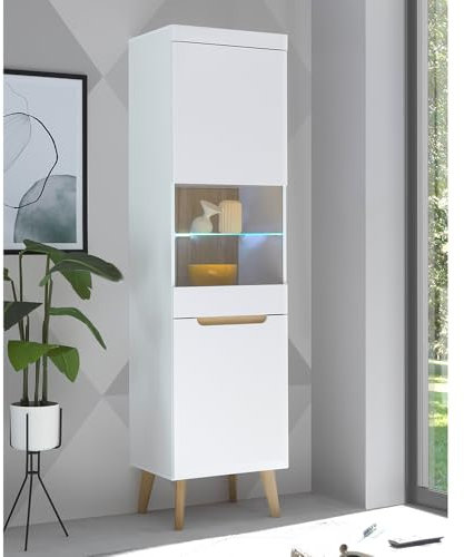 Lomadox Wohnzimmer Esszimmer, Vitrinenschrank, Vitrine in Weiß Matt mit Eiche inkl. Beleuchtung