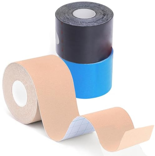 3 Rouleaux， Strap Bande Kinesiologie, 5cmx5m Bande Adhesive Elastique Kinésiologie, Résistante Kinesio Tape avec Noir+Bleu+Beige Bande Kinesiologie pour Genou Articulations et Maintien Musculaire
