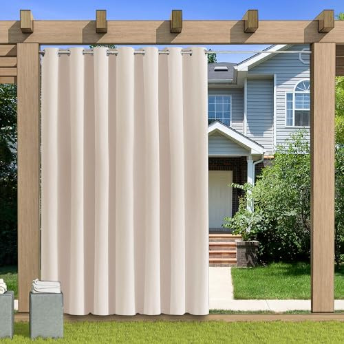 KUZRZNH Outdoor Vorhang Blickdicht Wasserdicht Wetterfest Blackout Outdoorvorhänge mit ösen, Sichtschutz Sonnenschutz Gardine/Vorhänge for Patio Balkon Pavillon,Creme,1 Stück|155x213CM(BxH)