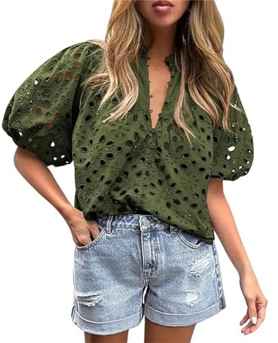 NSLFA Manga Corta Camisa De Un Solo Pecho Tops De Verano para Mujeres Camiseta De Manga De Linterna En V-A-1 Verde-S