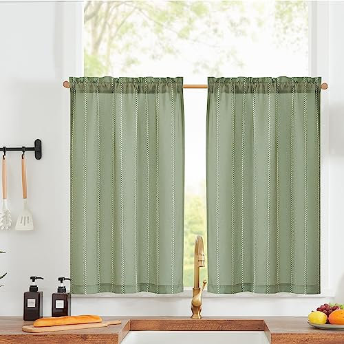 Vangao Nautische Scheibengardinen Küche Gestreifte Leinenoptik Gardinen,Kurzer Vorhang Modern Boho Küchenvorhang,Lichtfilterung Fenstergardinen für Wohnzimmer Badezimmer 65Bx90H(cm) 2er Set Grün