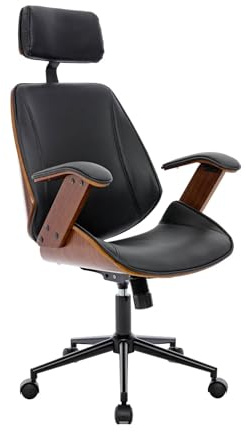 Alice's Garden sweeek - Chaise de Bureau à roulettes décor Bois courbé placage Effet Noyer et Simili Cuir Noir
