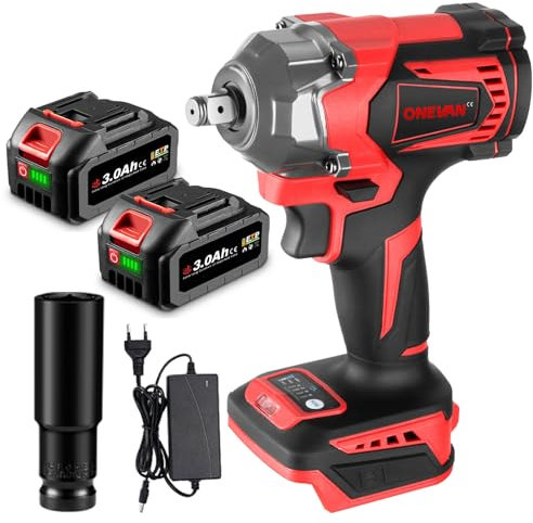 ONEVAN Akku Schlagschrauber, Bürstenloser Schlagschrauber Elektrisch, 700NM 4-Gang Drehschlagschrauber Impact Wrench für Auto Reifenwechsel (Rot, Mit 2 Akkus)