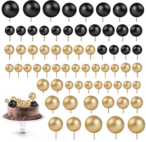 66 Pcs Black and Gold Cake Decorations Mini Ball Cake Toppers Cake Balls Decoration DIY Balloon Stick Cupcake Decorations for Birthday Party Wedding Anniversary Baby Shower (5 Size)