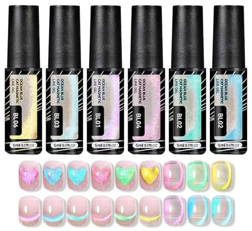 6 Pieces Magnetic Gel Nail Polish Nail Polish Nail Polish Set 9D Cat Eyes Glitter Magnetic Gel Polish Long-lasting Magnetic Nail Polish Gel Nail Kit for Women Girls Salon Home