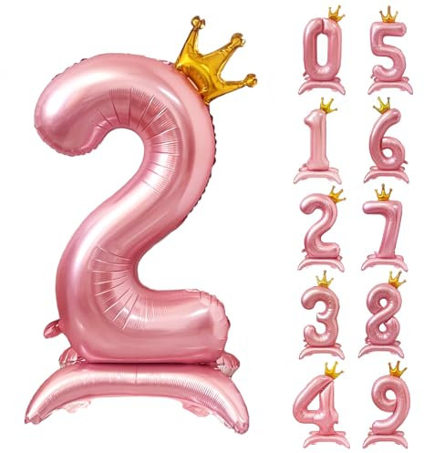 42 Zoll Rosa Zahl Ballon Stehende Zahl 2 Luftballon mit Krone Rosa Krone Ballon Zahlen 0-9 Groß Helium Ballons für Geburtstag Party Dekorationen Hochzeit Deko