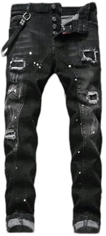 ZMIN Jeans ajustados para hombre con agujeros rotos y pintura elástica, panel negro, pantalones mendigos, Negro, 42