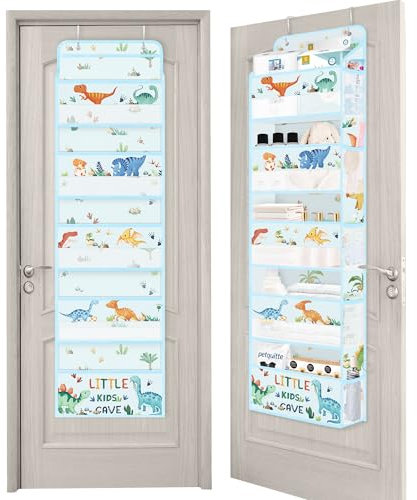 Clastyle Dinosaurier Tür Hängeaufbewahrung Faltbar Hängeorganizer für Camping Bad Schrank Schlafzimmer Türorganizer für Kinder Kleidung Spielzeug Windel, Blau, 5 Fächern
