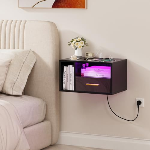 HaodaCulture Nachttisch Hängend mit led, Nachtschrank Offenes Fach Und Einer Schublade mit Ladestation