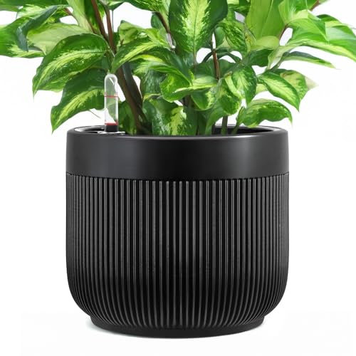 AmiCera Self Watering Ceramic Pots for Indoor Plants, Water Level Indicator with Drainage Hole, Self-Watering Planters for Outdoor Use, Large Flower Pot for Easy Care (Black)