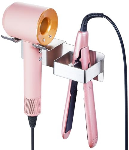 Fönhalter Ohne Bohren, Föhn Halterung für Haartrockner und Glätteisen, Edelstahl Föhnhalter, Selbstklebend Fön Halterung, Silber Haartrocknerhalter, Föhn und Glätteisen Halterung für Bad Wandmontage