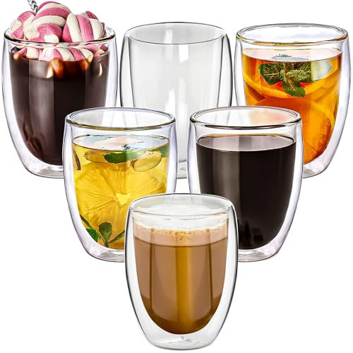 Volarium CRYSTALIA Double Walled Latte Cups, Double Glass Coffee Cups Set of 6, 350ml, Insulated Glass Mugs Without Handles, Flat White Coffee Cup, Clear Coffee Glasses