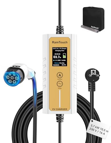 RamTouch Ladekabel Elektroauto Typ 2 Schuko (3,7 kW, 1-phasig, 10,5 m), IP65 Mobile Wallbox Schuko mit 6A-16A Einstellbar und Timer & Verzögerung, EV-Ladegerät mit LCD für E-Autos & PHEV