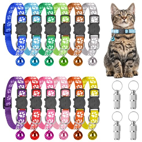 Verstellbare Katzenhalsbänder – bunte Halsbänder mit Glöckchen, Schnellverschluss, Kätzchenhalsband mit 4 Namensschildern, Sicherheitsschnalle, Kätzchenhalsband für kleine Hunde und Katzen, 12 Stück