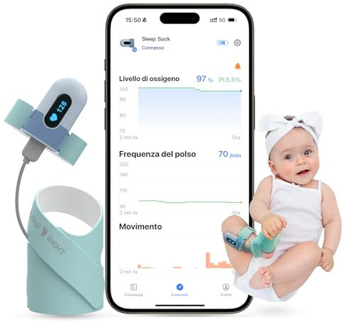 Babytone Baby Pulsoximeter, Intelligente Baby-Socke zur Überwachung von Sauerstoffsättigung, Herzfrequenz und Bewegung, Tragbarer Fußmonitor für Säuglinge mit App und Bluetooth für Neugeborene von 0–3