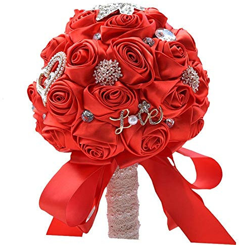 Bouquet de mariée Personnalisable, Bouquet de mariée, Demoiselle d'honneur, Fait à la Main, Roses en Soie, Fleurs avec Ruban de Perles de Diamant pour la Saint-Valentin, Bouquet de Confession (Rose