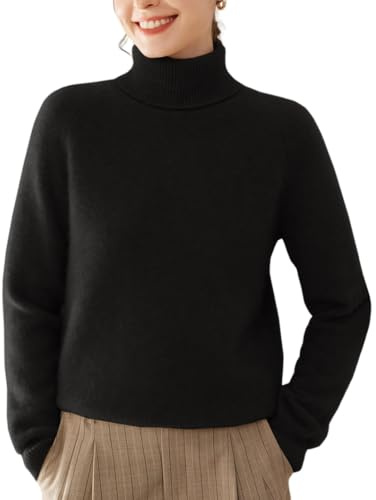 DISSA Pull Cachemire Femme Col roulé Uni Tricoté en Vrac Manches Longues épais Pull en Cachemire et Laine,Noir,EU 44,MH551