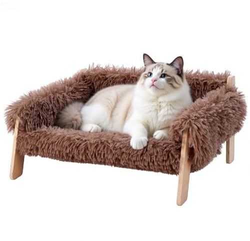 The Fellie Large Cat Sofa Bed, Sturdy Wooden Pet Sofa for Indoor Cats, Soft Cat Couch 56 x 45 x 27cm, Wooden Cats Hammock with Removable Washable Cover Suitable for Kitten, Puppy Up to 15 kg, Brown