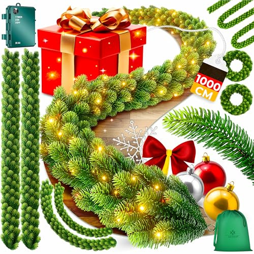 KESSER® Weihnachtsgirlande LED 10m lang | dicht + Timer – Naturgetreues Tannengrün - wie echt - IP 44 Outdoor & Indoor Girlande - Treppen, Tür, Balkon, Weihnachtsdeko beleuchtet + Tasche - Dunkelgrün