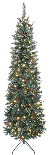 HOMCOM Albero di Natale Slim 210 cm Artificiale, Luci Incorporate in 8 Modalità, 656 Rami Folti Ignifughi Innevato, 55 Pigne e 55 Grappoli di Bacche, Albero Natale Stretto e Alto con Base in Metallo