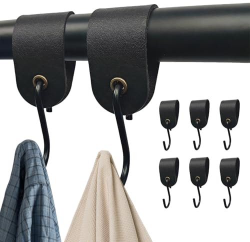 6 Stück S Haken mit Lederschlaufe, Maximale Tragkraft: 5 KG, Schwarze S Haken mit Lederring, Kleiderhaken für Stange Garderobe, Metallhaken zum Einhängen für Küche, Bad, Schlafzimmer, Camping