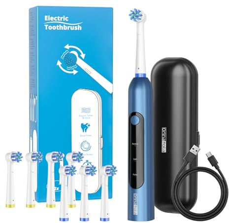 Orinatola Rotierende Elektrische Zahnbürste mit 8 Aufsteckbürsten,3 Putzmodi für Zahnpflege USB Schnellladung 75 Tage Akkulaufzeit und 2-Minuten-Smart-Timer,Blau