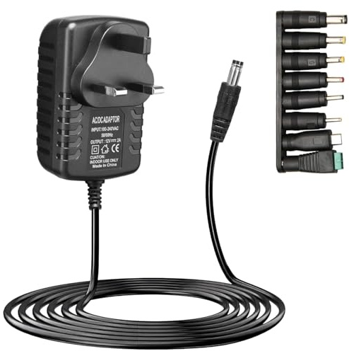 12V 2A Power Supply Adapter, Universal AC to DC Power Adapter, UK 3-Pin Wall Plug with 8 Interchangeable DC Tips, 1M Extra Long Cable for CCTV Camera, LED Strip, Router, Monitor (Black, 2A)