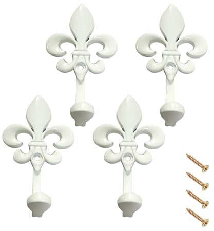 Qaixwuyi Weiß Wandhaken Vintage Metall Fleur-de-Lis Design Vorhang Raffhalter mit Schrauben Dekorative Garderobenhaken für Wohnzimmer Bad Schrank