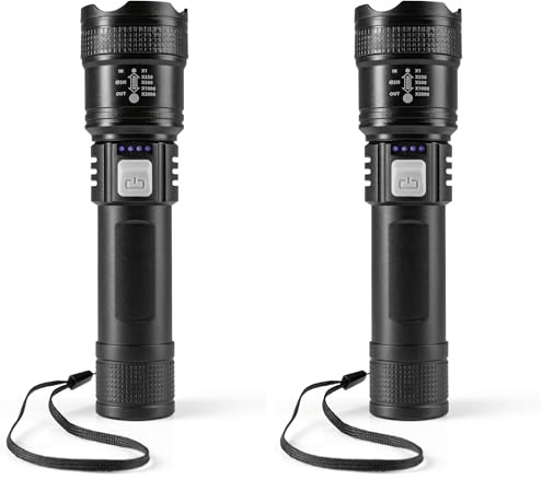 EASYmaxx LED Taschenlampe wiederaufladbar mit USB-C & Zoom | 3 Lichtmodi, extra hell, lange Laufzeit & spritzwassergeschützt |für Camping, Haushalt, Auto & unterwegs (Packung mit 2)