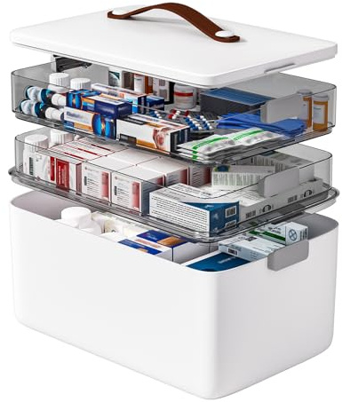 IMHO 3-stöckige Medizin Organizer Box, groß, leer, Erste-Hilfe-Kasten mit Griff, tragbarer Aufbewahrungskoffer für Zuhause, Reisen, Auto, Camping, Notfallvorsorge, Kunststoff, Weiß