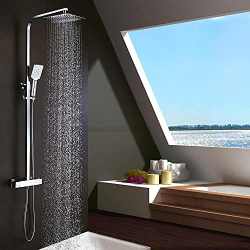 Extra Flat Thermostatic Shower Column Square Design Height Adjustable from 80 to 120 cm with Tap, 20 x 20 cm Spray Head and Square Shower Handle, Chrome Finish, Guaranteed Replacement Parts