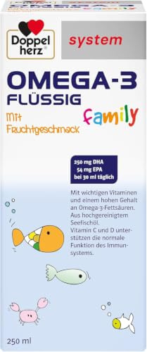 Doppelherz system OMEGA-3 family FLÜSSIG - Mit Fruchtgeschmack | 250 mg DHA als Beitrag für den Erhalt der normalen Gehirnfunktion – 250 Milliliter