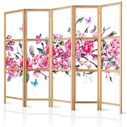 decomonkey Paravent Raumteiler Innen Weiß Blumen 225x171 cm 5 Teilig Room Divider Wall Raumteiler Stehend Trennwand Sichtschutz Spanische Wand Sichtschutzwand Wohnzimmer Holz Spa Zen Orient Japan
