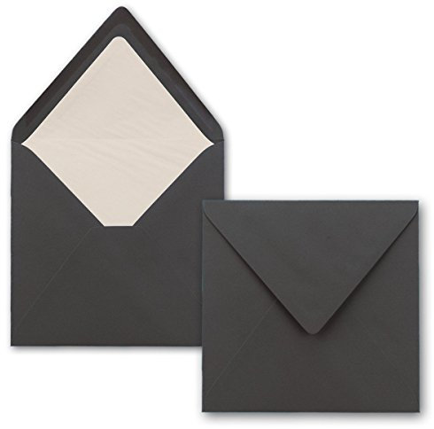 25 quadratische Briefumschläge - Dunkel Grau 146 x 146 mm 14,6 x 14,6 cm - Dreieckslasche mit Innenfutter/Verschluss: Feuchtklebend/Grammatur: 100 g/m²