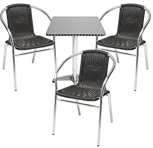 Mojawo® Bistrogarnitur 4-teilig Bistrotisch Aluminium eckig 60x60cm H70cm / 110 cm höhenverstellbar + 3 Stapelstühle Aluminium/Rattan Schwarz