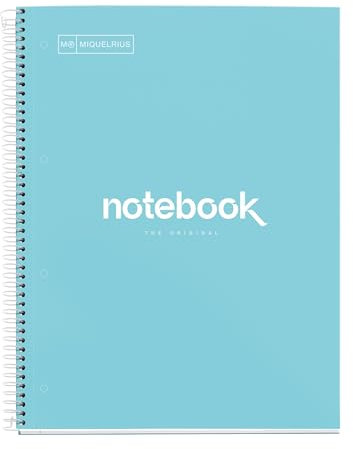 Miquelrius - Notizbuch A4 Notebook, 1 farbiger Streifen, 80 Blatt mit horizontalem Lineatur 7 mm, Papier 90 g/m² mikroperforiert mit 4 Bohrungen für 4 Ringe, Einband aus Karton, Farbe Himmelblau