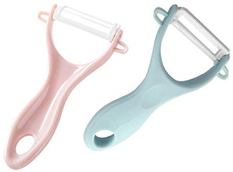 Digead Pelapatate in Ceramica 2 Pezzi - Pelaverdure Multiuso Professionale con Lama in Ceramica Affilata - Set per Patate, Frutta e Verdura (Rosa Chiaro + Azzurro Chiaro)