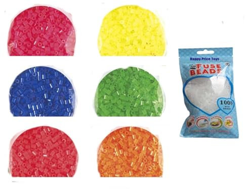 Happy Price Toys Midi Bügelperlen Konvulut HPT-35: 6 Beutel Mit Je 1000 Neon Perlen - Gelb, Rot, Fuchsia, Blau, Grün, Orange