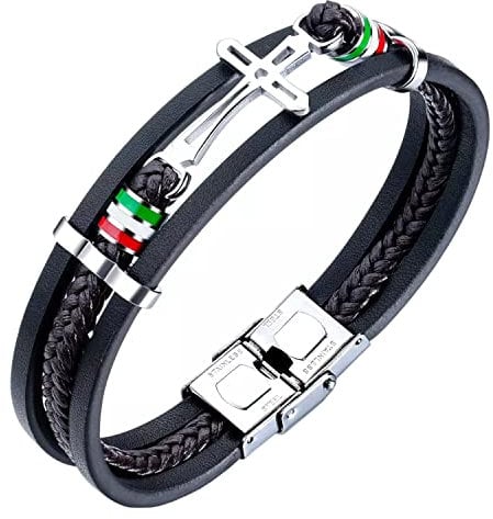 ESTUYOYA - Armband aus Leder und Edelstahl Exklusives Italien Flagge und Kreuz mit Anti-Lost-Sicherheitsschloss Einstellbare Größe Unisex