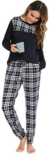 Vlazom Pyjama Femme Hiver Ensemble de Pyjama Longue Manche Vêtements de Nuit à Carreaux avec Poches Ensemble d'intérieur pour Noël,B-Bleu Foncé,S