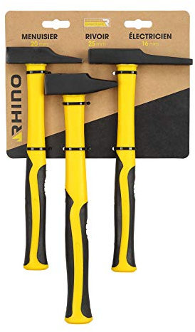 Rhino 18922 - Set di 3 martelli (elettricista 16 mm, rivedere 25 mm, falegnameria 20 mm) – Manico ergonomico trimatiero indistruttibile