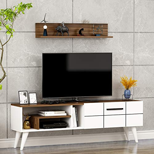 Homidea Nora TV Bank - TV Lowboard - Fernsehtisch (Weiß/Nußbaum)