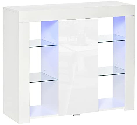 HOMCOM Aparador Moderno con Luces LED Mueble Buffet con 1 Puerta de Alto Brillo Cierre a Presión Estantes Ajustables y Control Remoto 97x35x83 cm Blanco