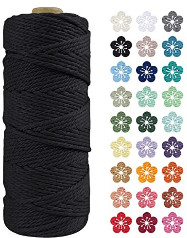 LEREATI Macrame Cord 2mm x 100m, Thick Macrame Rope Natural Cotton Rope Craft String, 3 Strand Twisted Cotton Cord Yarn for DIY Plant Hanger, Wall Hanging, Christmas Decoration (Black)